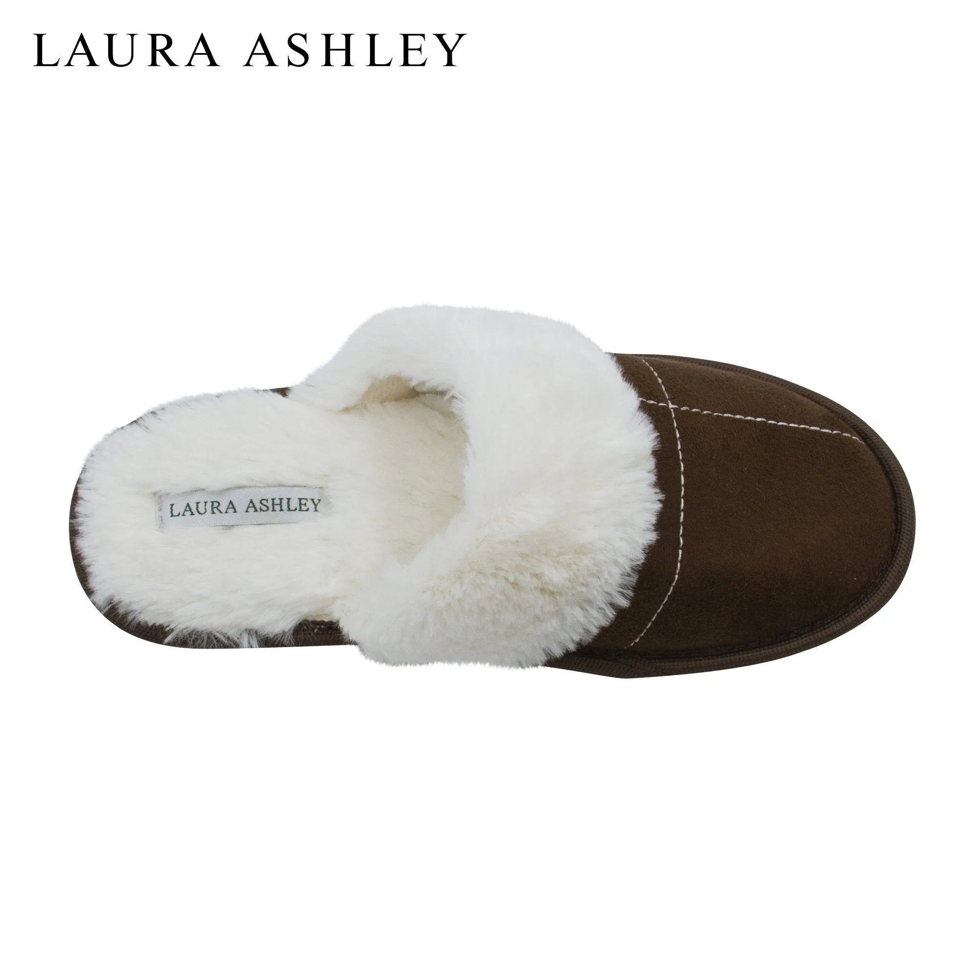 Laura Ashley Ladies Micro Suede Scuff Slipper with Plush Collar, Brown, S