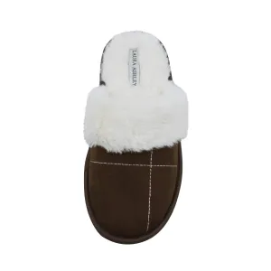 Laura Ashley Ladies Micro Suede Scuff Slipper with Plush Collar, Brown, S