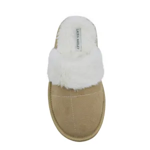 Laura Ashley Ladies Micro Suede Scuff Slipper with Plush Collar, Tan, S