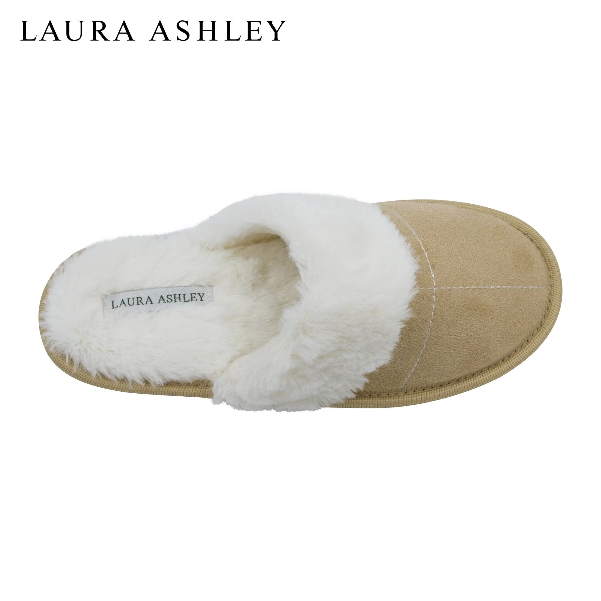 Laura Ashley Ladies Micro Suede Scuff Slipper with Plush Collar, Tan, S