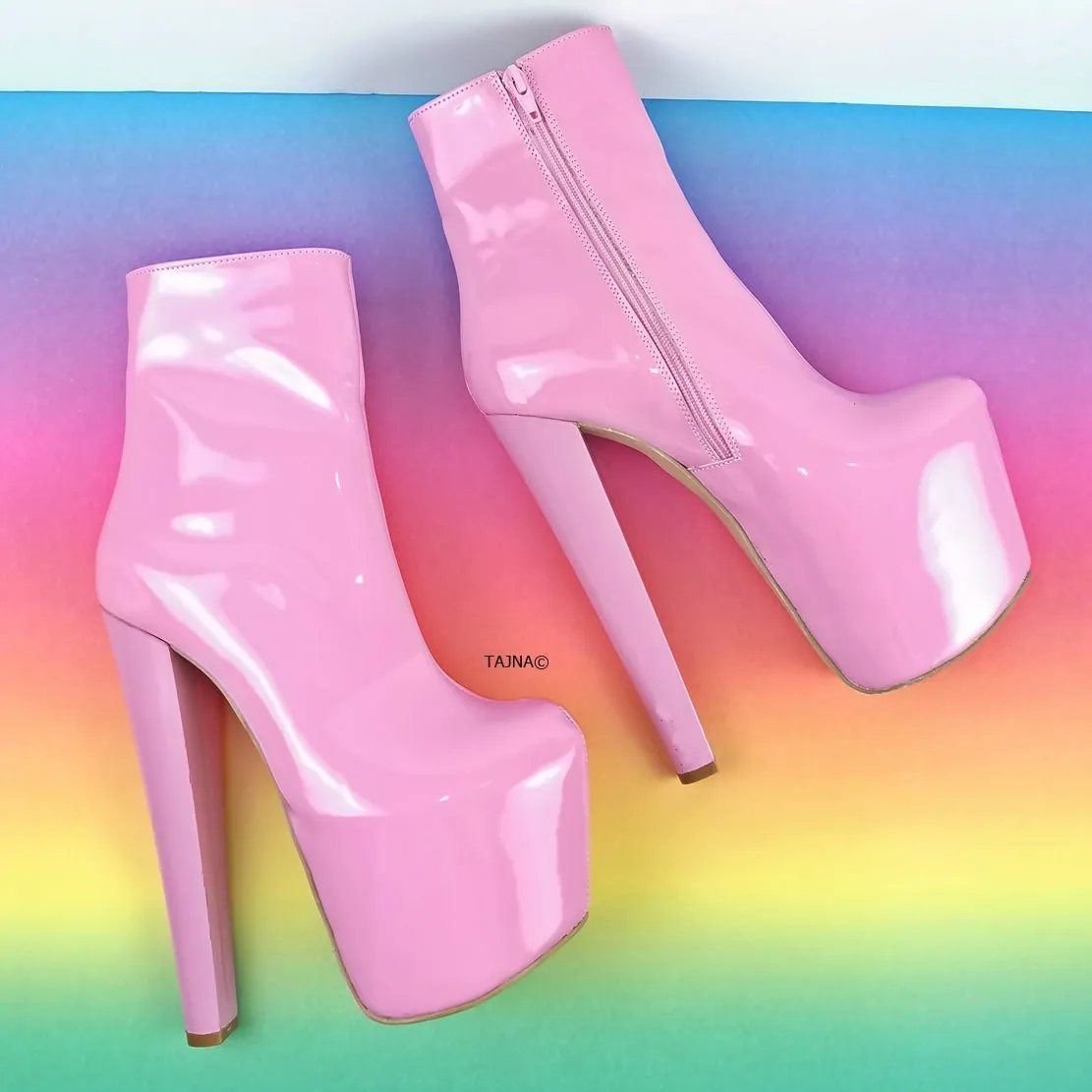 Sugar Pink Patent Chunky Heel Boots